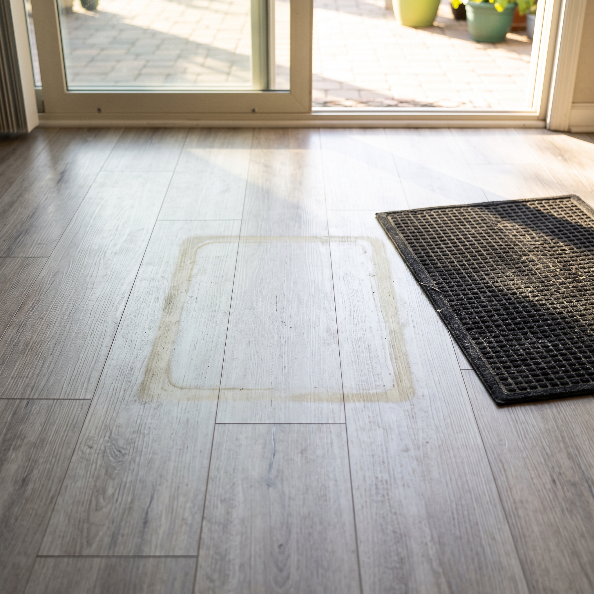 Yellow stain on light gray vinyl plank where a rubber-backed mat sat in the sun by a sliding door